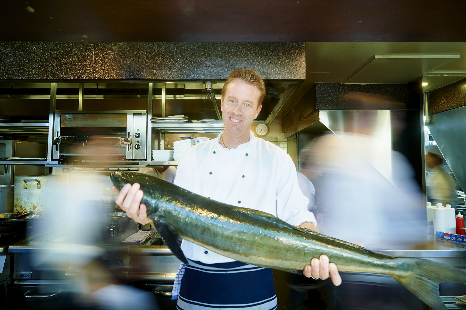 Photographs of Chef Matt Bates preparing Cobia for Pacific Reef Fisheries at Cafe Sydney, Circular Quay, Sydney